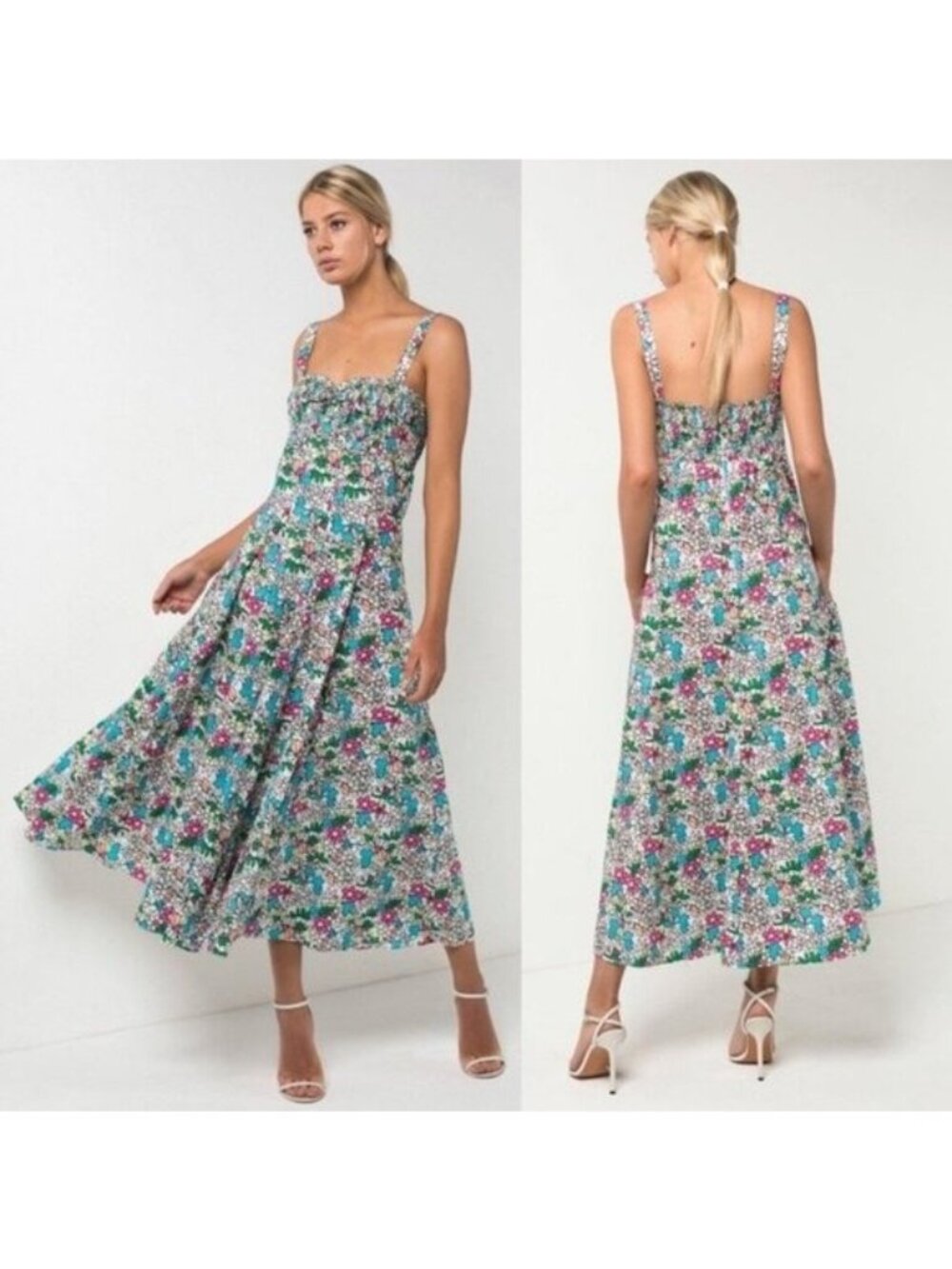 S/W/F Apron Maxi Dress S Lush Floss Multicolor Floral Square Neck Boho Tropical